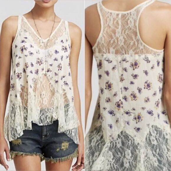 Free People Floral Lace Camisole - Cream and Purple - Picture 2 of 6